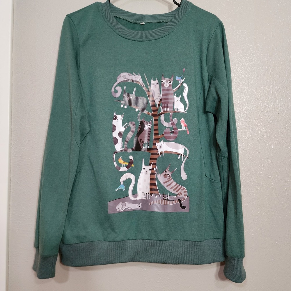 Sweatshirt‎ Pullover Cute Cat Lover Graphic Print Green Crew Neck Cottage Core L